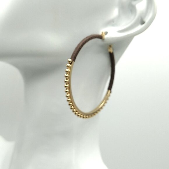 Large Gold-tone Beaded Brown Threaded Hoop Earrings NWOT - Picture 9 of 9